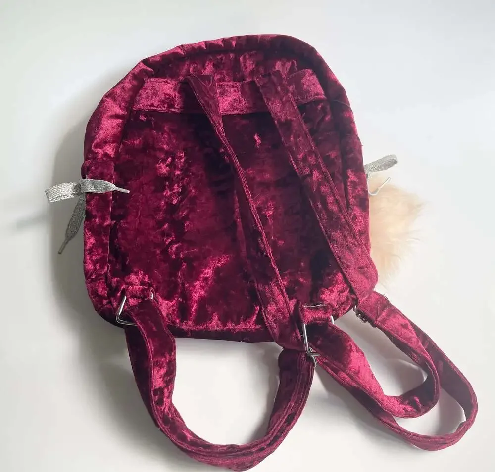 Justice Red Velvet Mini Backpack with Silver Lacing and Pom Pom